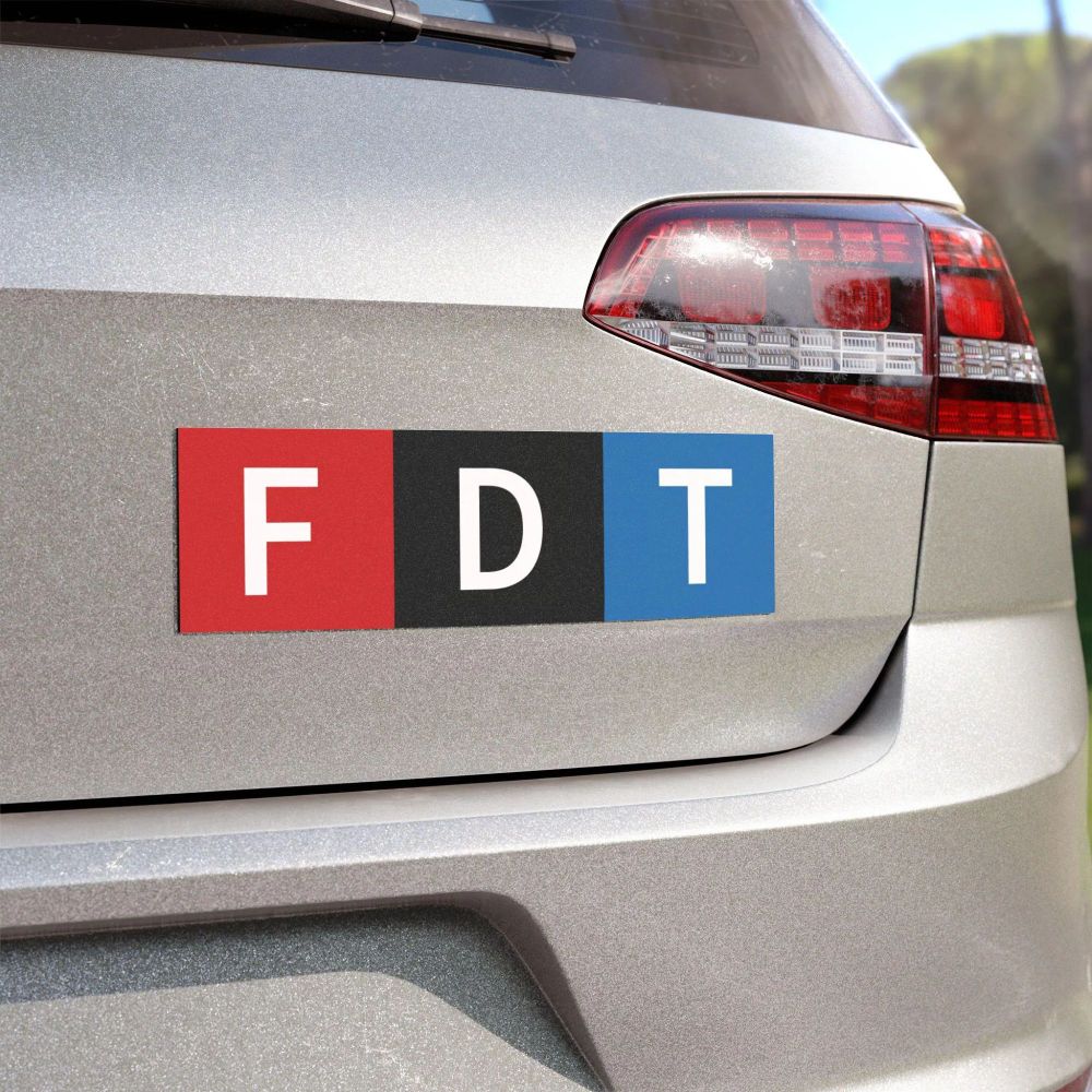 Bumper sticker magnet in the style of the NPR logo with the letters FDT in it
