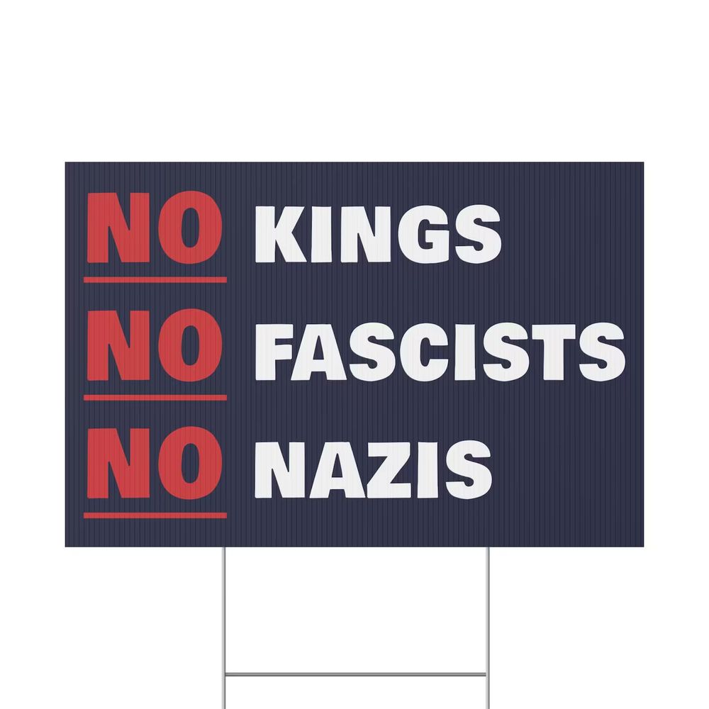 Blue sign with text saying NO KINGS, NO FASCISTS, NO NAZIS. The "no" is in red and underlined while the words KINGS, FASCISTS, and NAZIS are white.
