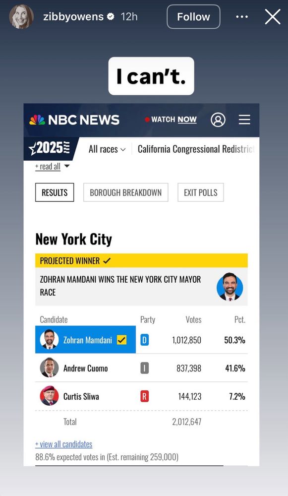 Z*by Owens melting down about Mamdani winning. (Her father is a private equity magnate worth $45 billion.)