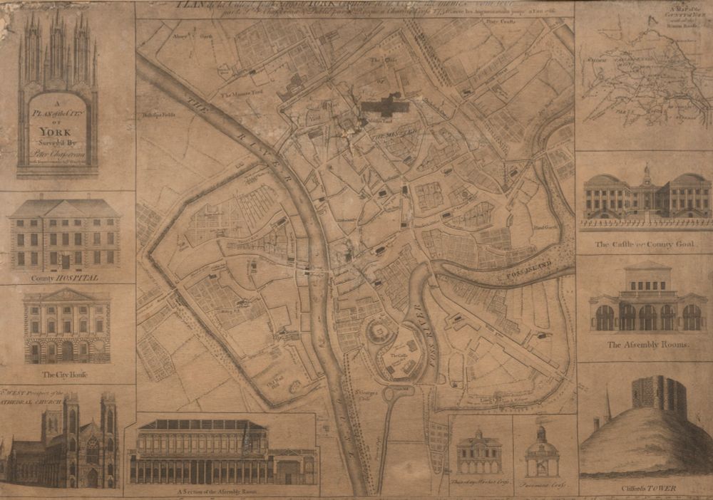 We are looking at an ornately printed map of York which is surrounded by drawings of some of the 'new' - 18th century built buildings in York. 