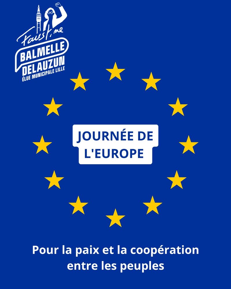 Visuel d'une drapeau européen avec écrit "Journée de l'Europe, pour la paix et la coopération entre les peuples". 