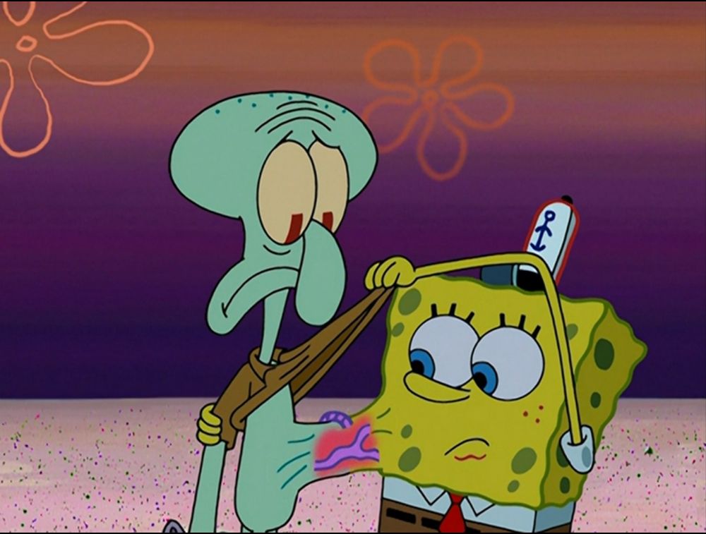 SpongeBob screenshot from the episode "Can You Spare A Dime?". SpongeBob lifts up Squidward's shirt, showing a pulse shared between them.