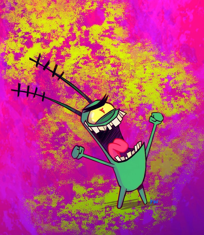 An illustration of a maniacally laughing Plankton. He's happy that he found his almost expired BOGO coupon in the bottom of his purse for that one BBQ place he likes.