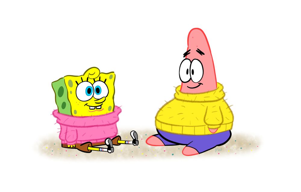 SpongeBob and Patrick sitting next to each other, wearing cozy sweaters. SpongeBob wears a pink sweater and Patrick wears a yellow one. They are both probably wishing for hot cocoa and to be taken out of the void. 