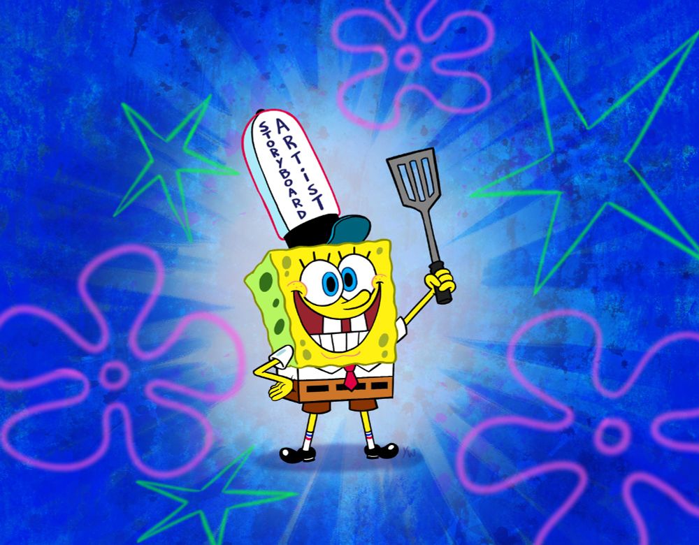 SpongeBob standing proudly in his manager hat while holding a spatula on a blue background with star and flower clouds. He has forgotten that he left the stove on before leaving for work that day and will remember in about 5 minutes.