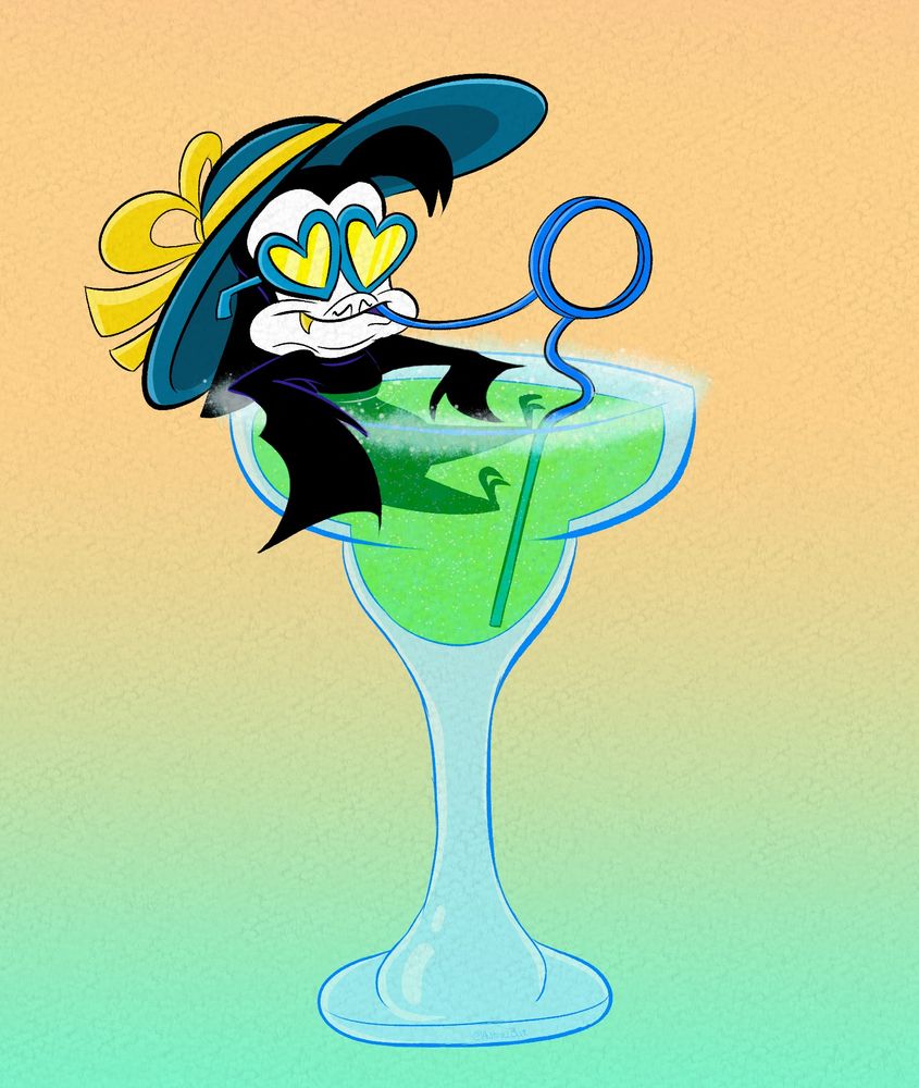 A bat enjoys a margarita, sitting in the glass while drinking it with a loopy straw. Is the bat small or is the margarita huge? YES. 