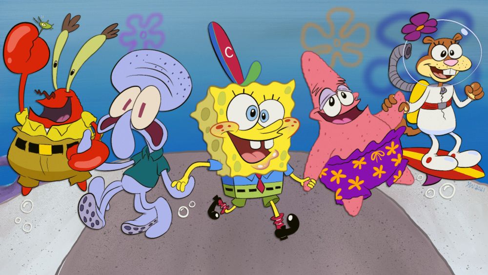 An illustration of SpongeBob and friends in the early pitch bible style. I did not leave enough empty space around the border for the characters, so my apologies to anyone viewing this on their great grandma's tv, since Sandy and Mr. Krabs would totally be hidden.