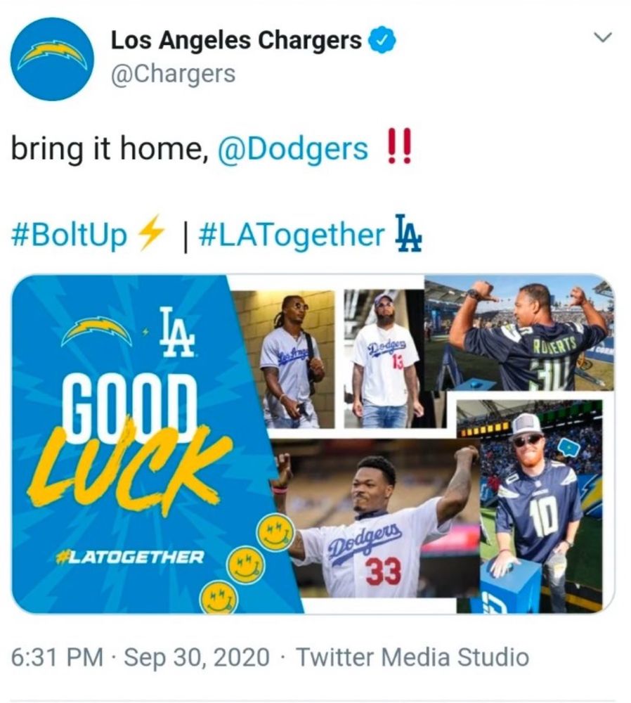 Post by the LA Chargers supporting the Dodgers. 