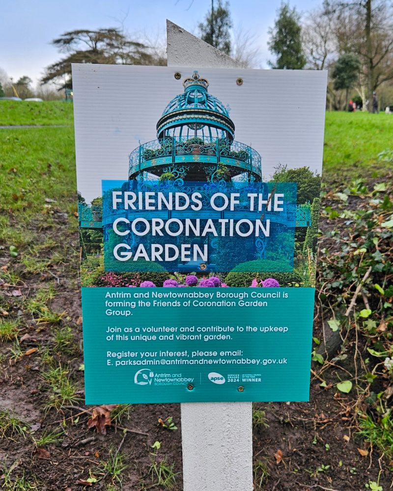 Photo of Antrim and Newtownabbey Council's plea for volunteers to maintain the coronation garden it built at Hazelbank Park. Friends of the Coronation Gardens. 