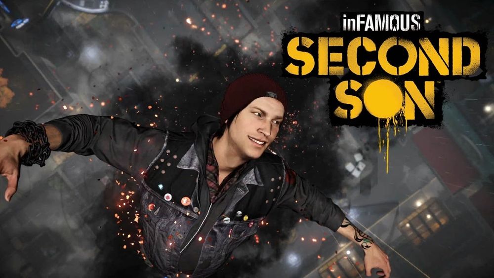 A screenshot for a YouTube video. Image shows Infamous Second Son game logo next to Felsin, the player character. Delsin is wearing punk clothing and is surrounded by smoke and sparks as he performs a special move from the game.