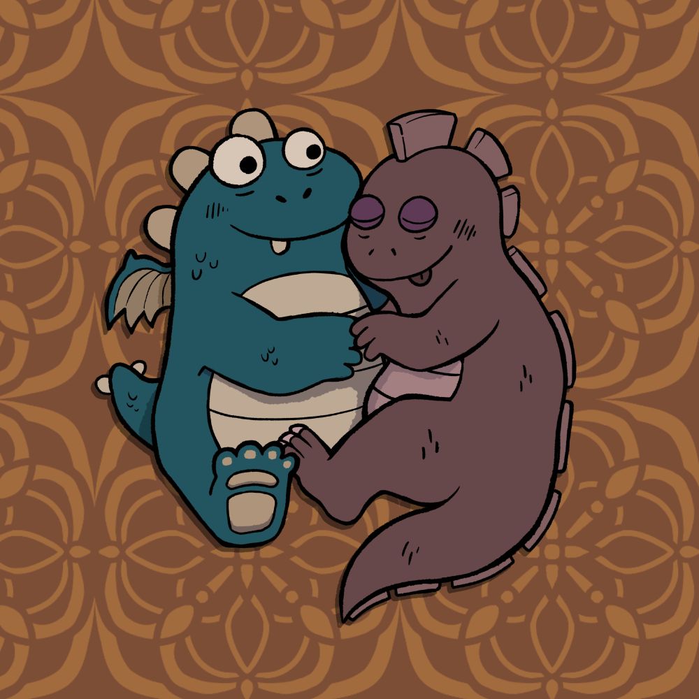 Two little monsters drawn in a cute graphic style. One is blue with a chiptooth, and looks very happy. The other is red, and is asleep with their tongue out.