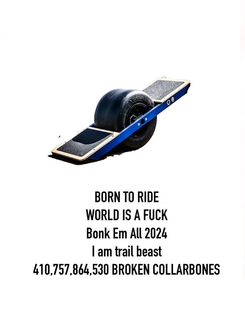 The image shows a blue and black Onewheel, a self-balancing electric board with a single large wheel in the center and footpads on either side.

Below the Onewheel, bold text reads:

“BORN TO RIDE
WORLD IS A FUCK
Bonk Em All 2024
I am trail beast
410,757,864,530 BROKEN COLLARBONES”