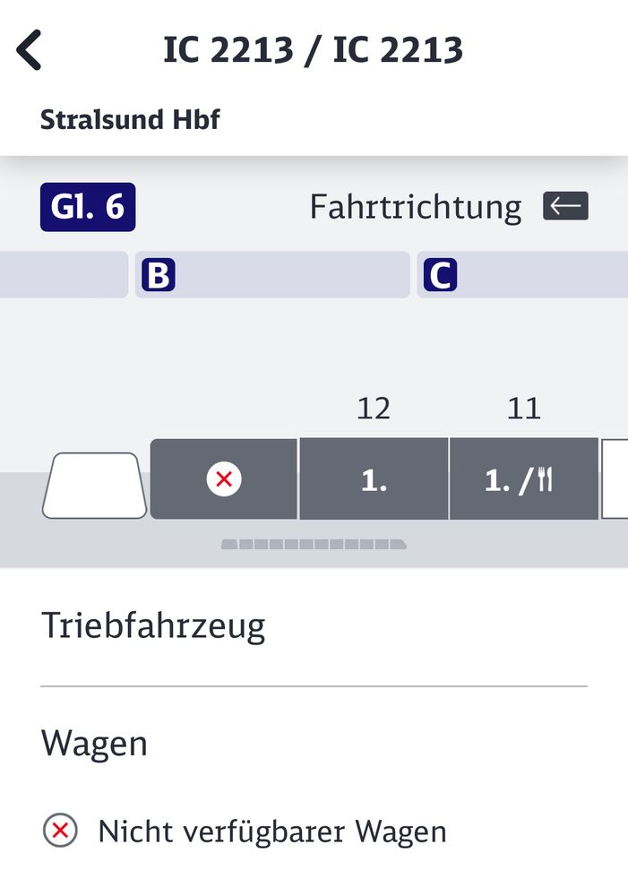 Screenshot aus DB Navigator: wagen mit Platzreservierung „nicht verfügbar“.