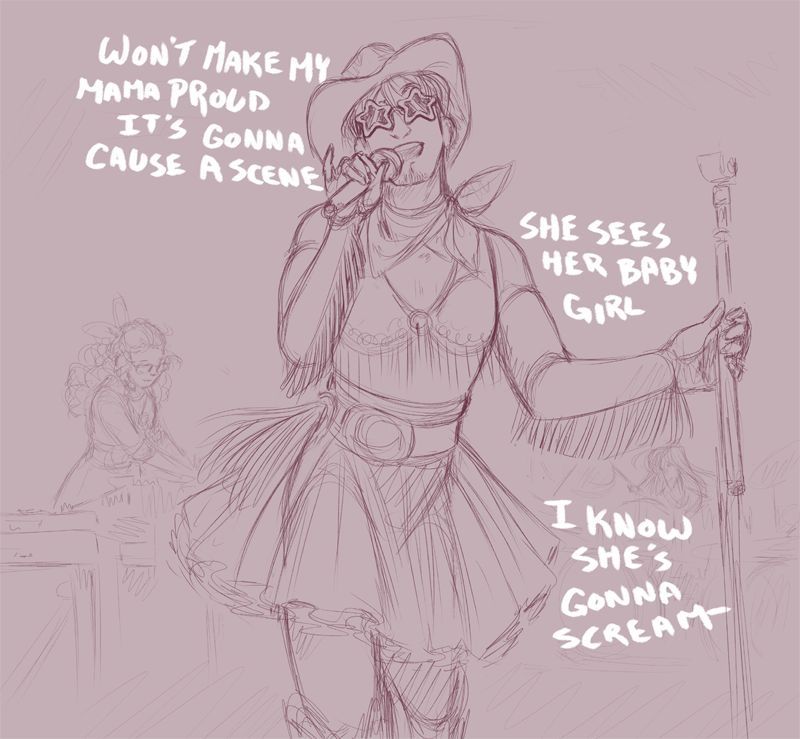 A scrappy little doodle of Raf performing Chappel Roan's "Pink Pony Club". His two band members, Margie and Tess are on their respective instruments behind him.