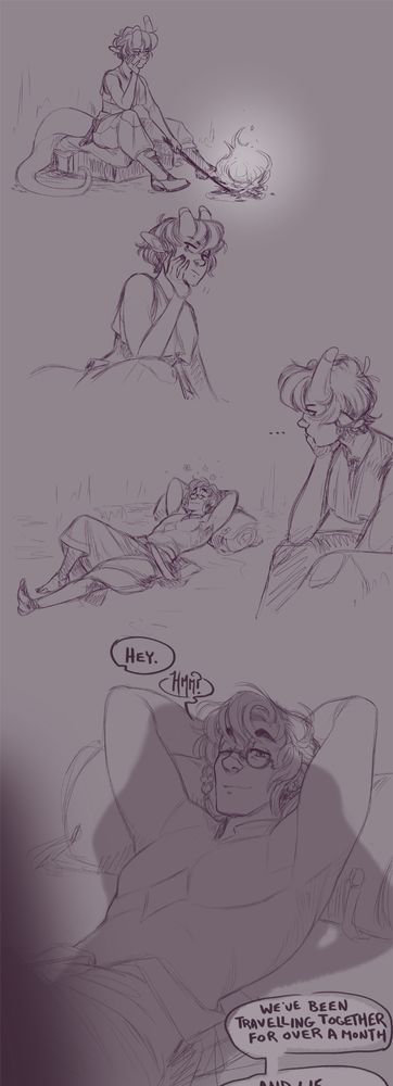a sequencial drawing of a bored teifling character poking at a campfire and then glancing to see her travel companion lounging blissfully on the ground a few feet away, minding his own business. She approaches him, and only a snippet of dialogue is visible. "Hey. We've been travelling together for over a month, and we-"The rest is cropped out.