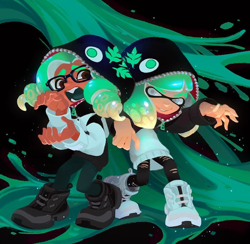 splatoon 3 fanart featuring and octoling and an inkling wearing snaxolotl hoods.
