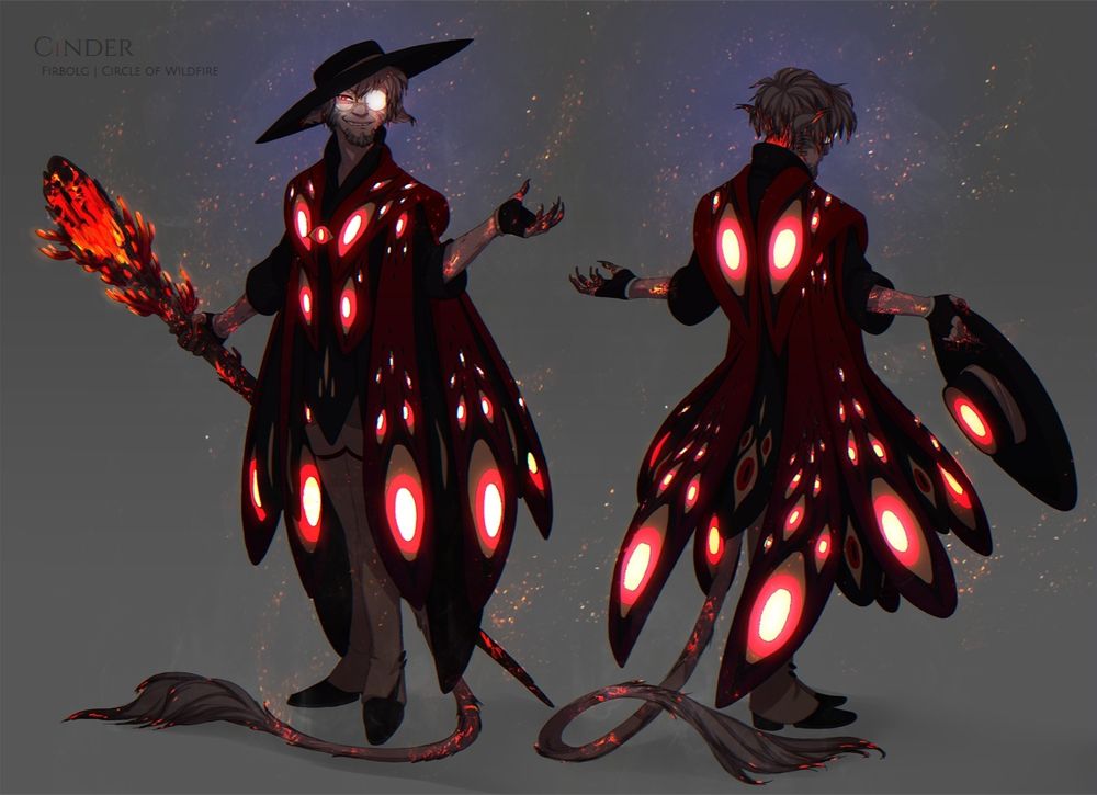 Two drawings of Cinder [front and back] featuring his red robe of eyes all lit up.
