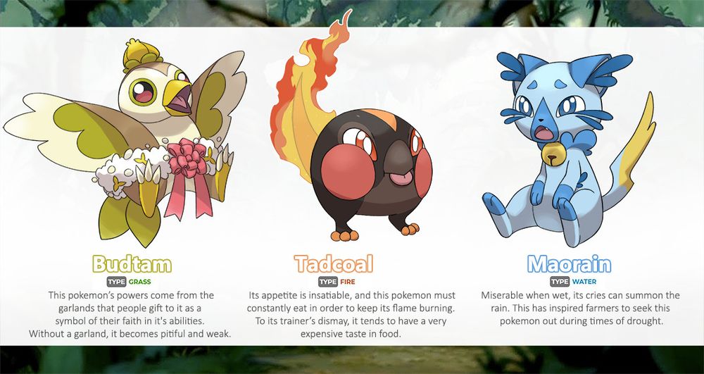 3 fake starter pokemon: Budtam, a grass type bird, Tadcoal, a fire type tadpole, and Maorain, a water type cat.