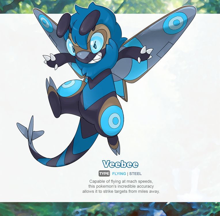 a fake pokemon based on a cerulean carpenter bee and ww2 aircraft. Named Veebee. Flying/steel type.