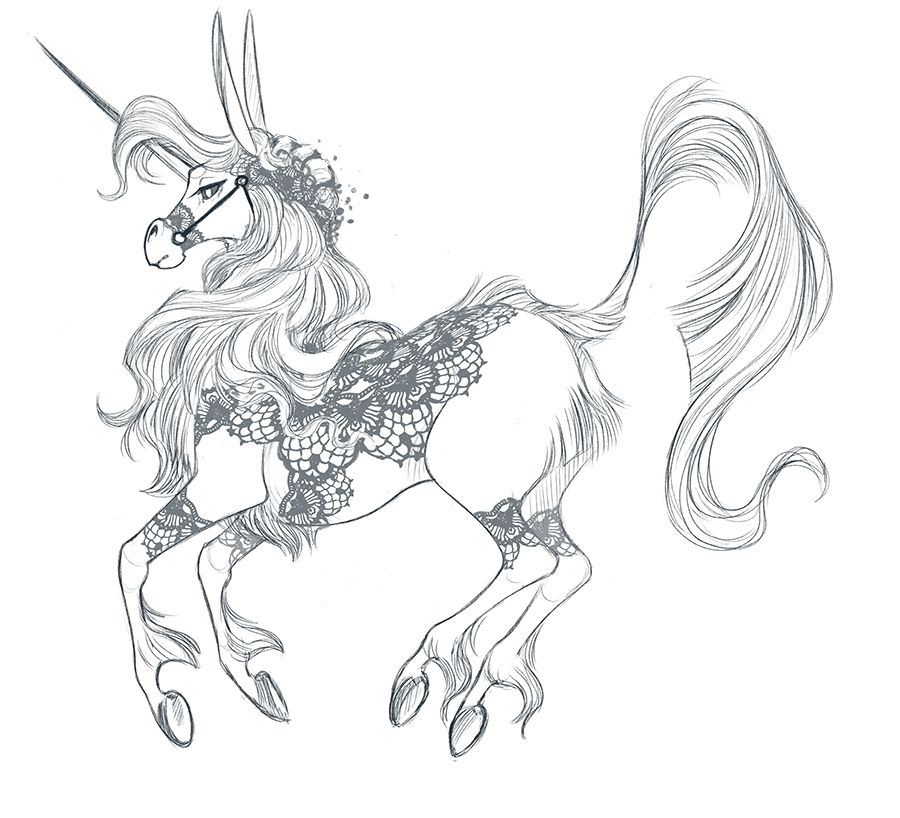 a sketch of a unicorn with lacey detailing.