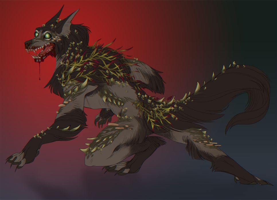 a drawing of werewolf Lomair with a red gradient haloing him.