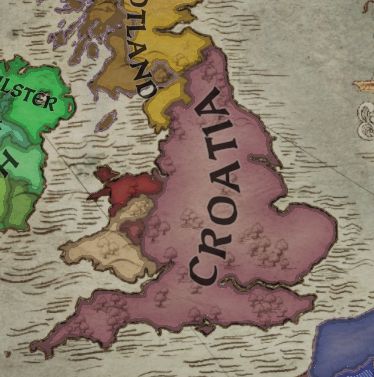 Map of the Great Britain in Crusader Kings 3 where England is owned by Croatia