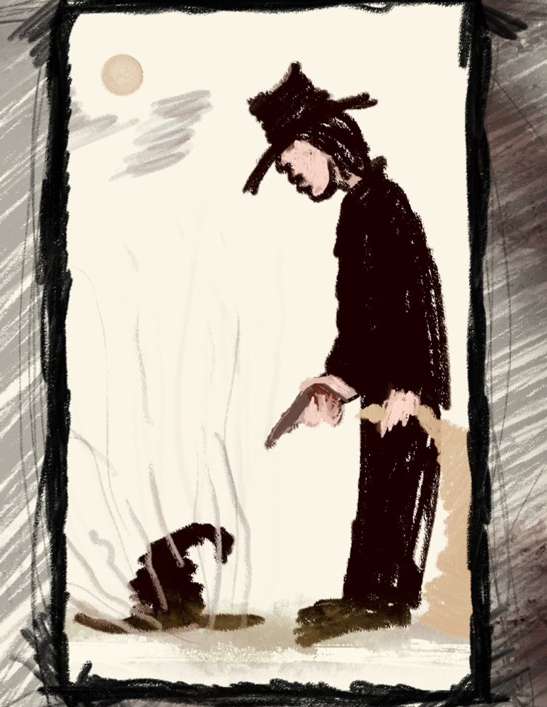 A western looking fellow stands over the hat of the witch who disappeared as he shot her. 