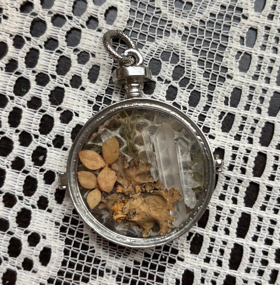 A glass locket with moss, lichen, quartz crystals and snake shed. 