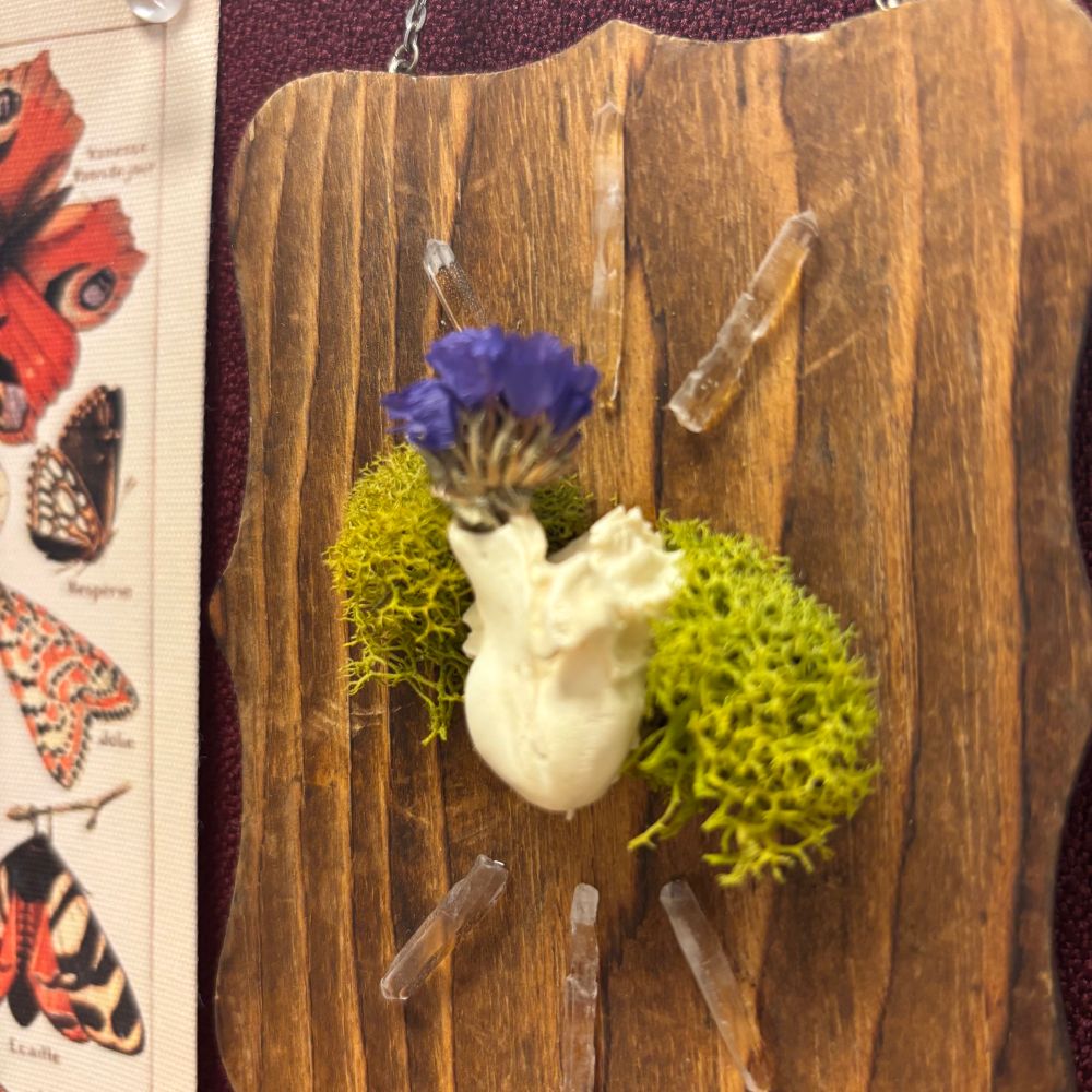 This tiny wooden plaque measures 4x3” and features six clear quartz points, reindeer moss and the inner ear bone of a muskrat.