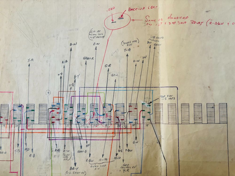 A colored drawing showing the relay/switching wiring for a coin-operated amusement game, circa 1956.