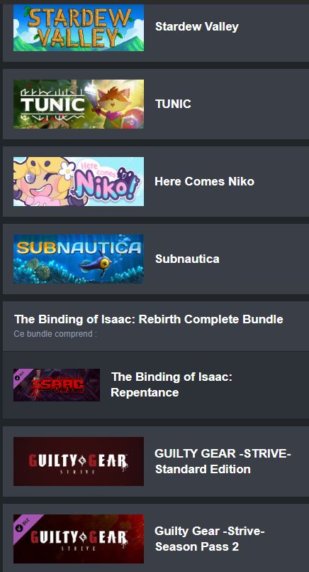 List of games I bought containing: Stardew Valley, Tunic, Here comes Niko, Subnautica, Isaac Repentance, Guilty Gear Strive + Season Pass 2