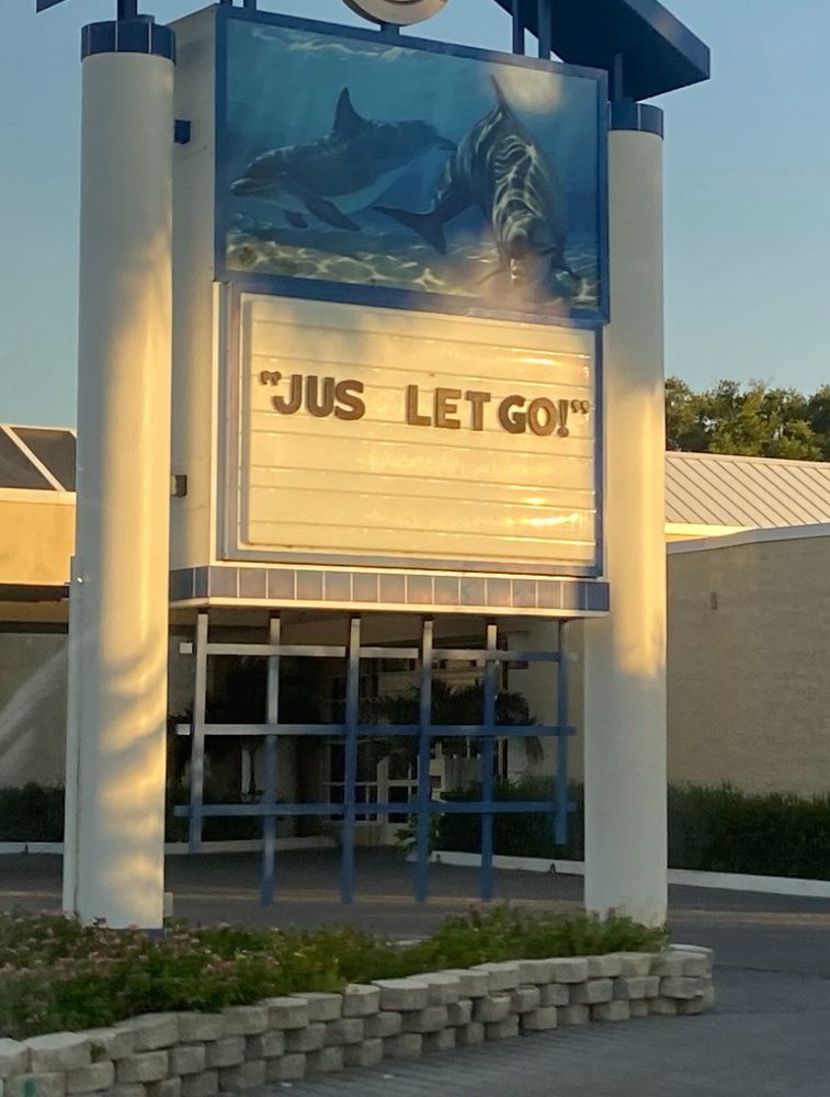 A large road-side sign in front of a white building reads “jus let go”. Above it is a graphic of two dolphins swimming underwater. It gives the feeling of a haunted dead mall, but is also weirdly inviting.