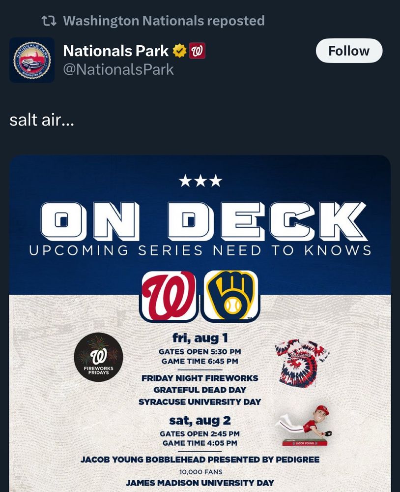screenshot of a tweet the washington nationals account retweeted “salt air…” and a photo of their august promotion schedule 