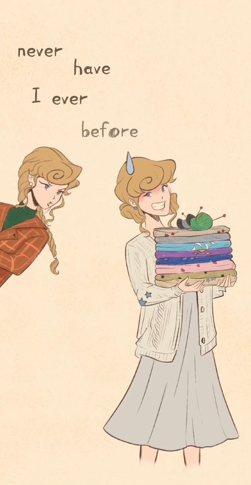 alec’s drawing of folklore & evermore personified. folklore is holding cardigans from the other albums while green & black yarn sits on top and evermore is looking (and judging?) folklore 