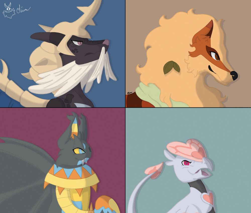 Four pokemon stand in four squares. On the top right is a black Charizard/Samarott mix with a dark blue background. On the top left is an Arcanine with a green bandana and leaves in her hair with a tan backdrop. On the bottom left is a Gliscor with gold, orange, and blue accents with a velvet backdrop. On the bottom right is a jangmo-o with pink accents and heart-shaped metallic scales on a cyan backdrop.