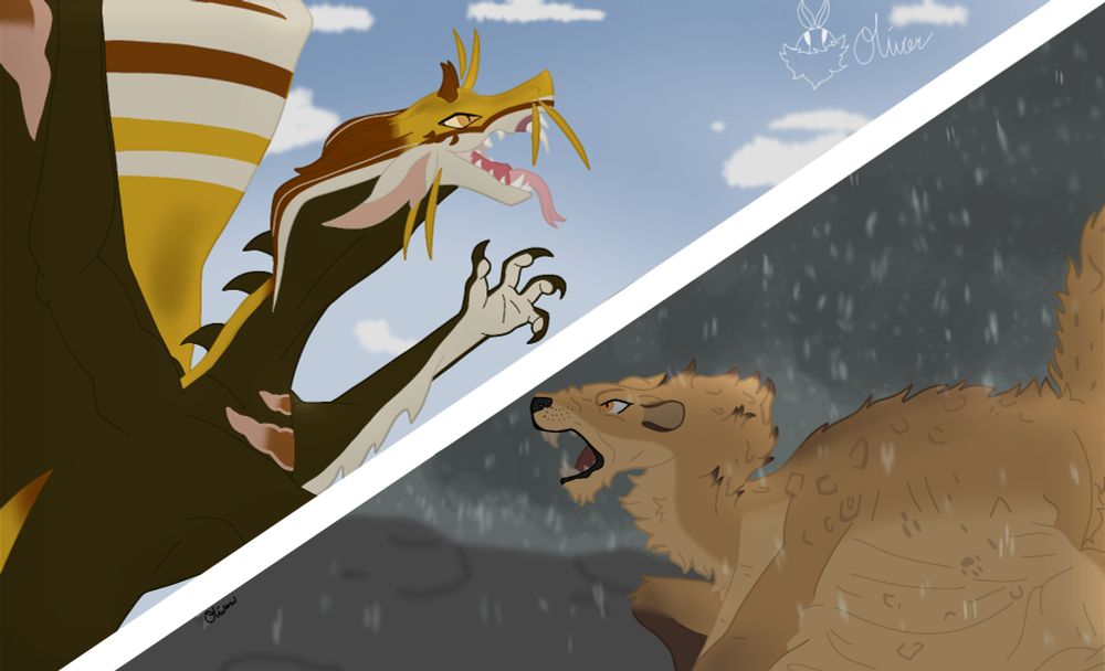 Two dragons are displayed on either side of the screen with a white bar splitting it diagonally.  On the top is blue skies with a few clouds. A yellow dragon with a snake's hood and black body grins with hollowed snake-like fangs. Its wings are outstretched.
On the bottom is stormy skies, rain pouring over the landscape. A lion-like beast with flaps of skin across its arms and body hisses at an unseen threat. Its fur is spiked and it looks ready for attack.