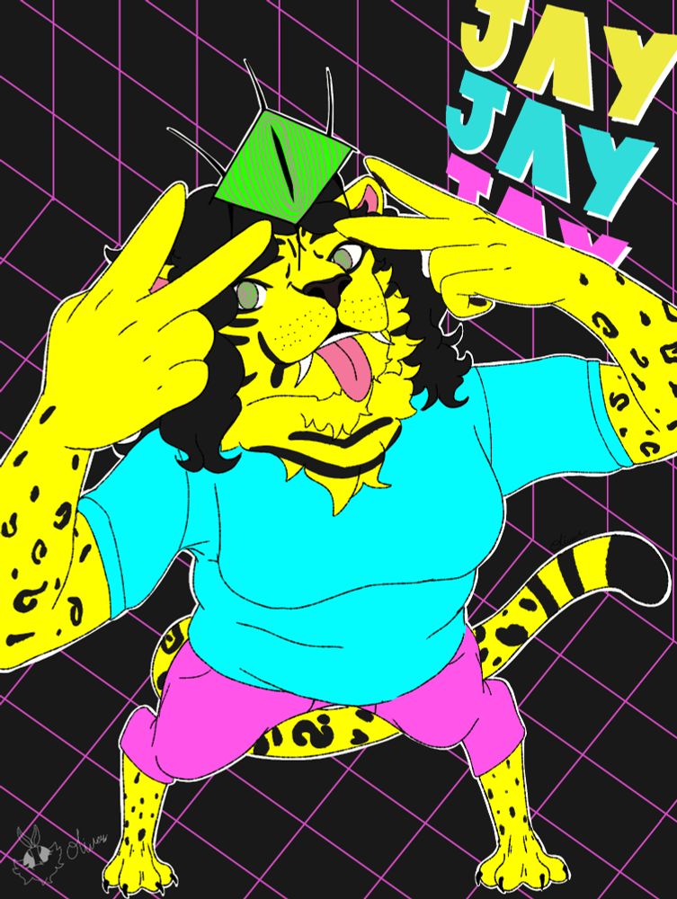 A bright rave poster featuring a jaguar wearing a blue shirt and pink pants looking up at the camera. She throws up two peace signs with a large eye in between the fingers. Both her and the eye above her have green irises with pink rings.  Behind her are three signs each saying "Jay"