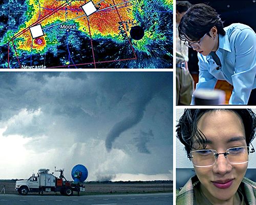 four grid moodboard: top left picture is an image of a radar detecting a tornado headed towards moore, oklahoma
top right picture is an image of yoongi leaning down to look at something, he is wearing glasses and a blue button down shirt
bottom left picture is an image of a truck with a doppler on the back of it with a the beginnings of a tornado forming in the background of the picture, the sky is gray
bottom right picture is an image of hoseok looking down at the camera, he is wearing glasses and a green/brown flannel and brown shirt underneath