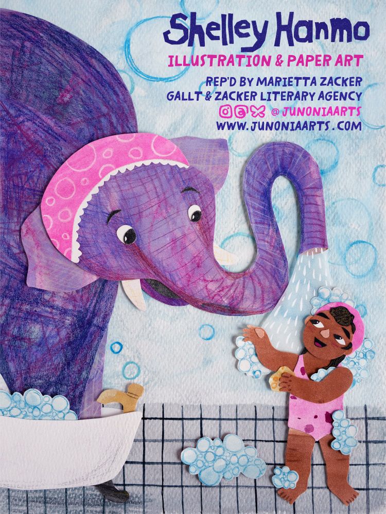 A cute purple elephant is playing with a child in the bathtub. For children's books and book cover design. 