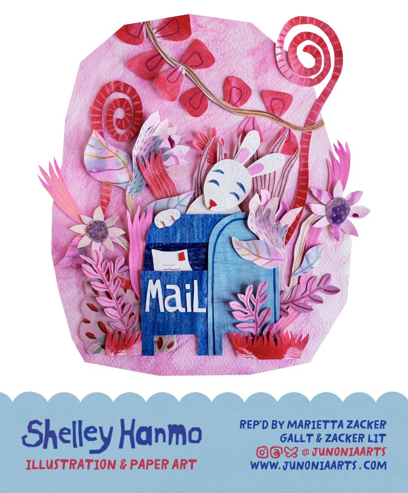 Little white bunny by a mailbox in the pink botanical garden, paper collage art for children's books, 