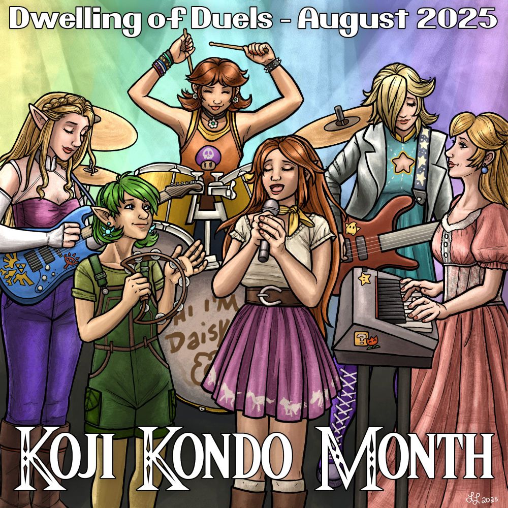 A colorful digital image with six figures on stage in a band. Princess Zelda is playing guitar, Saria is playing tambourine, Daisy is on drums, Malon is singing, Rosalina is playing bass, and Princess Peach is playing keys. They're all in contemporary outfits inspired by their game costumes, with little details like themed stickers on their instruments. 