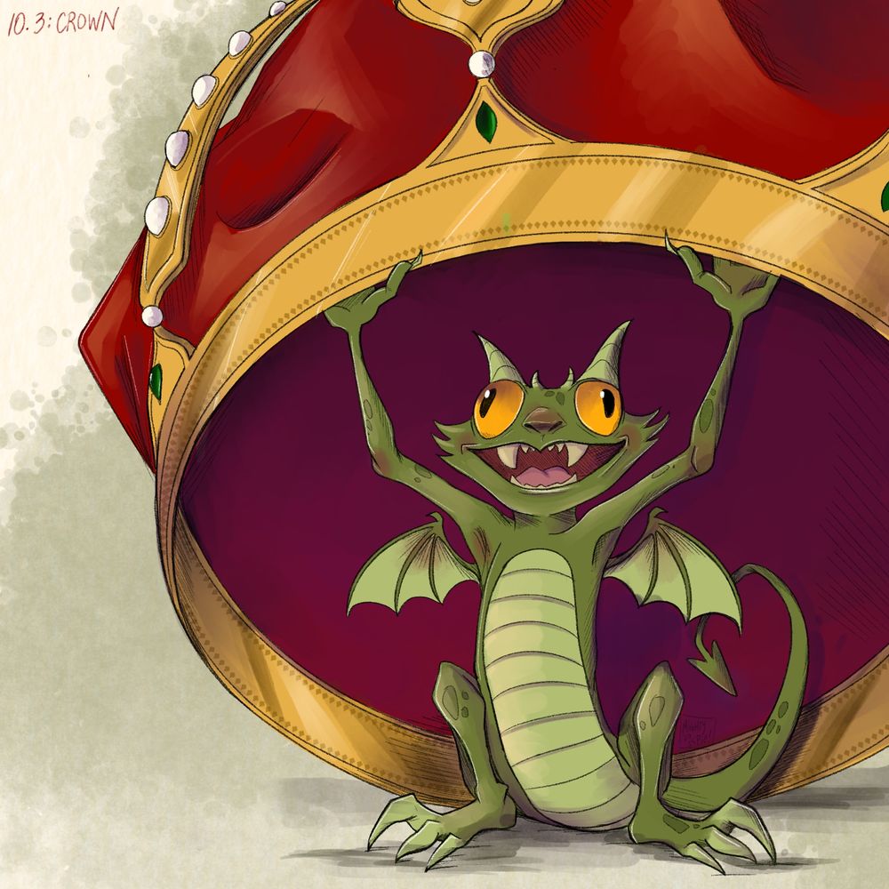 An illustration of a tiny, scrawny green dragon with bulging eyes and a wide toothy grin. The dragon stands with arms extended overhead, holding up one edge of an ornate gold and red crown as he beams out from underneath. 