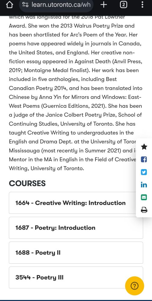 Part of Kateri Lanthier's bio and a list of courses she has taught and/or is currently teaching for the School of Continuing Studies, University of Toronto. The courses are Creative Writing: Introduction, Poetry: Introduction, Poetry II, and Poetry III. 
