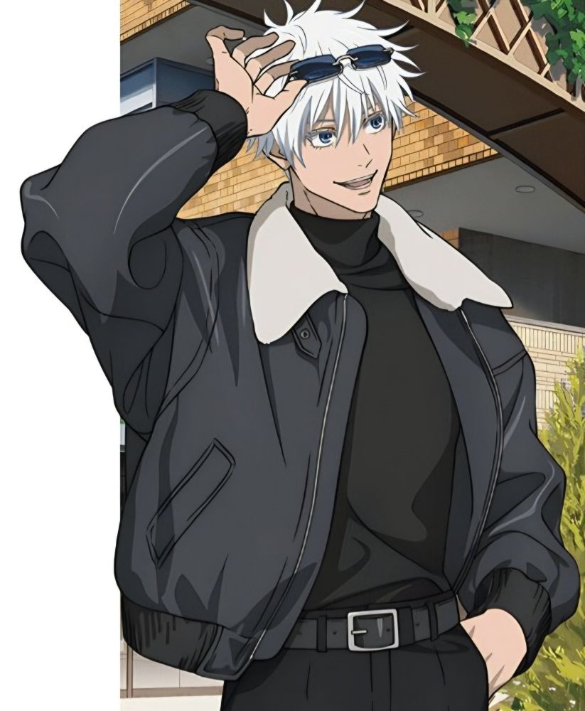 Satoru Gojo stands near a bush with a walkable bridge behind him, wearing all black clothing and a jacket. His left hand is in his pocket and his right hand raises his glasses while he gazes ahead with a smile.