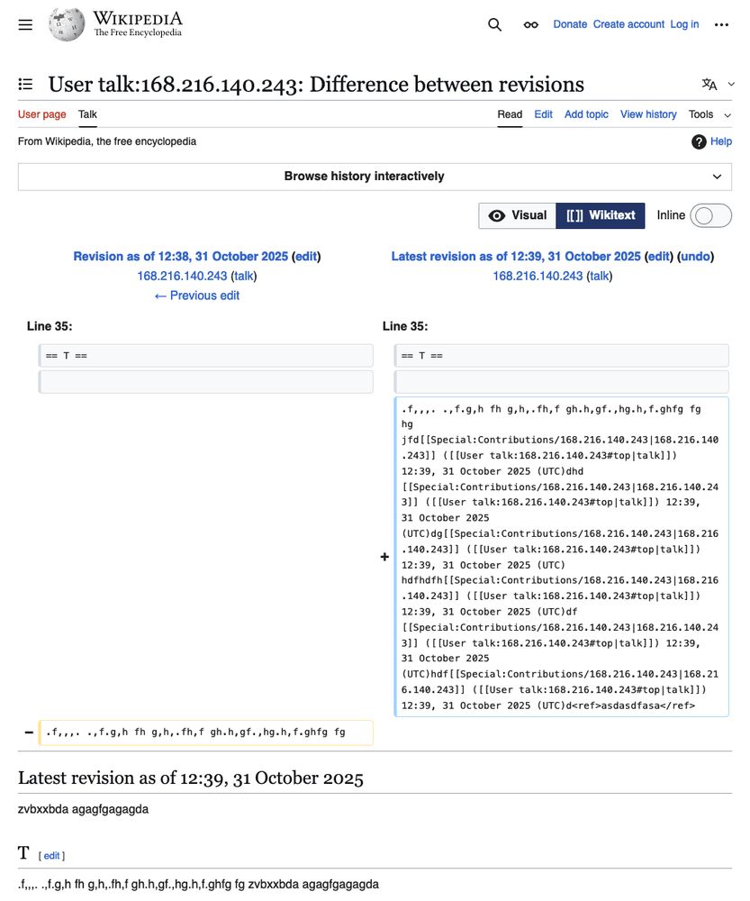 Screenshot of edit for User talk:168.216.140.243
