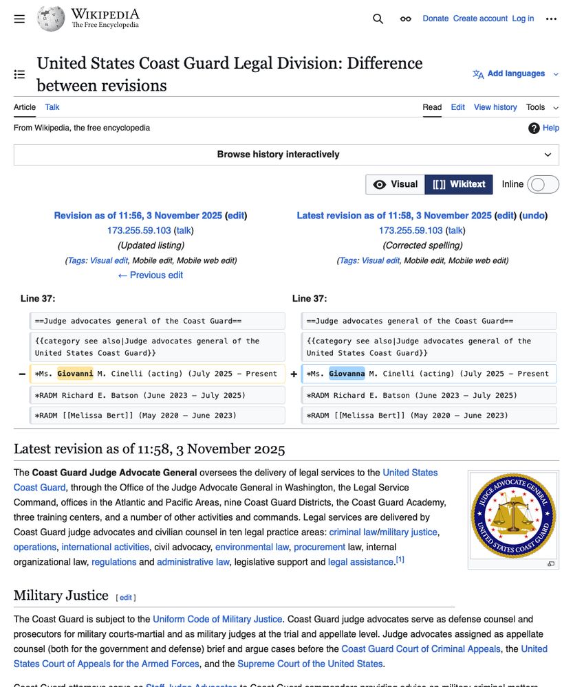 Screenshot of edit for United States Coast Guard Legal Division