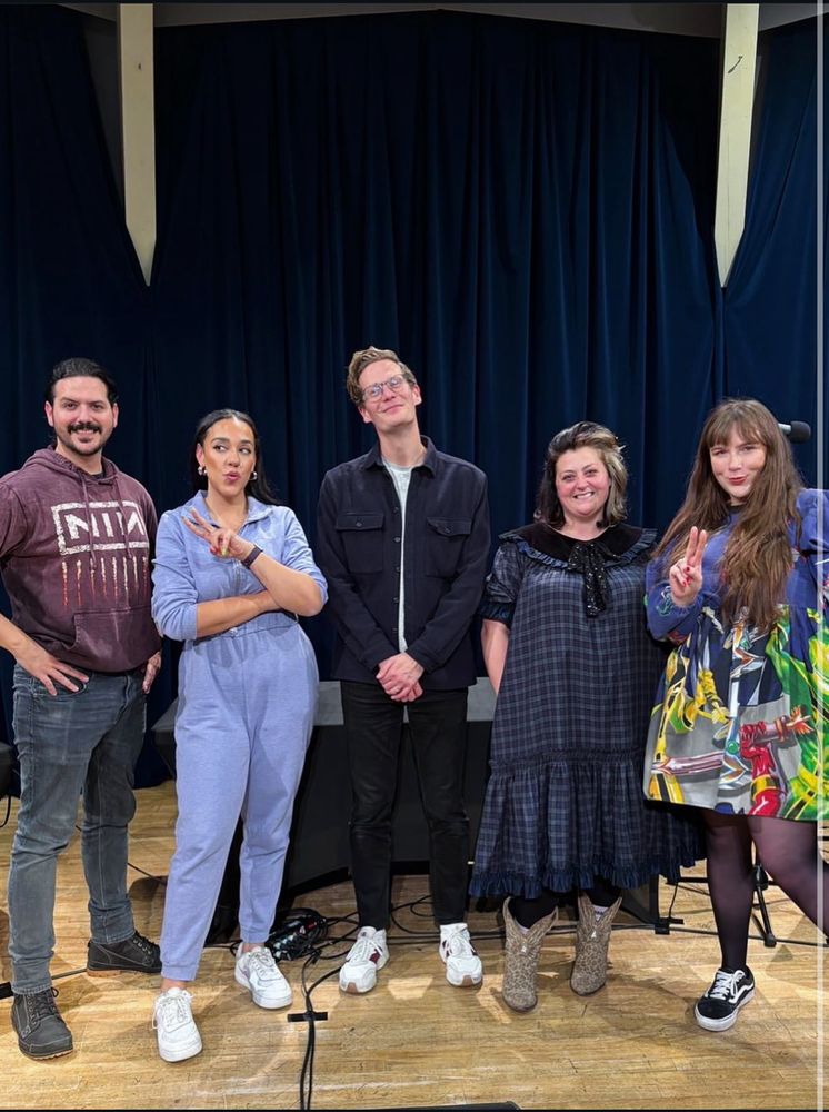 A group of comedians stood on a stage in front of a lovely velvet blue curtain. From left to right, it’s Ignacio Lopez, Mel Owen, Robin Morgan, Kiri Pritchard-McLean and then me. 
