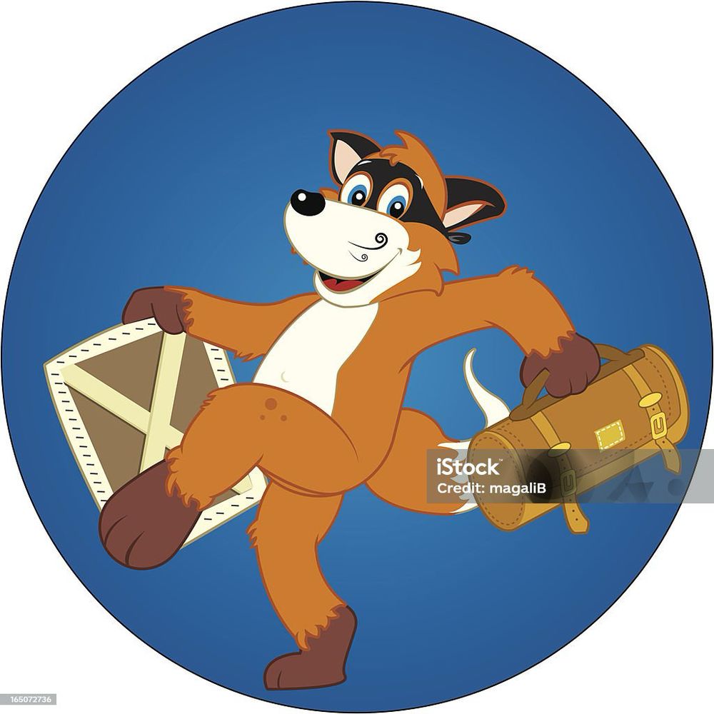 A cartoon fox sneakily walking. A smile plastered across their face. In their hands some swag/ treasure (well, a box and a luggage bag but you can tell by the cheeky glint in his eye that he’s got that treasure). Across his eyes he wears a zorro-esque mask. All very sneaky! 