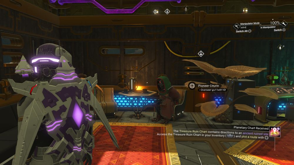 Screenshot from the game No Man's Sky depicting the player character in the Overseer's office of an Autophage settlement, with an Autophage NPC named Pioneer Citurin sitting down in a chair and described in the UI with a caption saying "Overseer ψυ11κθ110!"