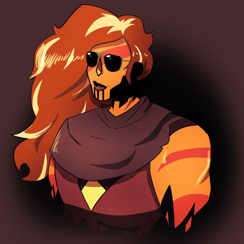 A rasterized rendition (made in CSP, tablet/pen) of a theoretical fusion of Gideon Nav (Gideon the Ninth) and Jasper (Steven Universe)